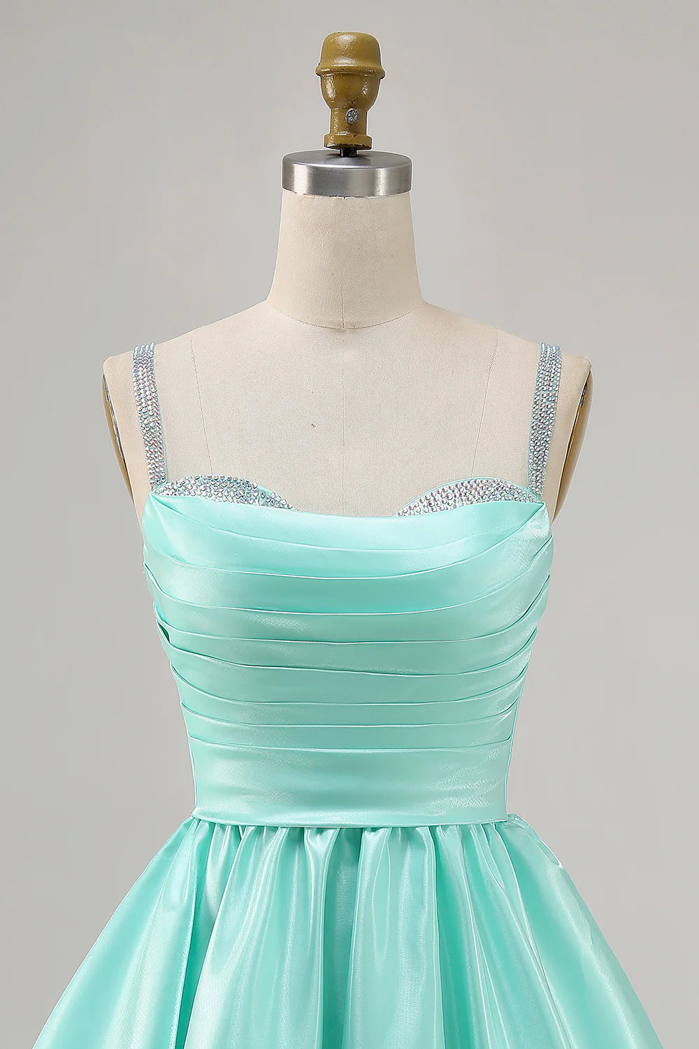 Mint Green A-Line Spaghetti Straps Beaded Satin Short Homecoming Dress