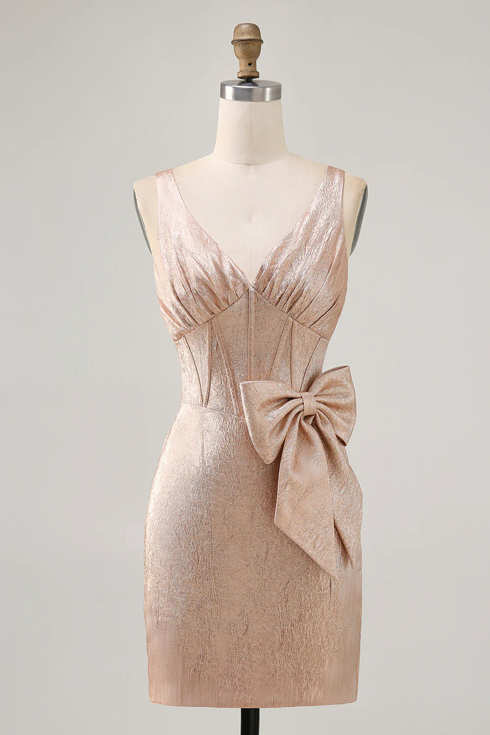 Champagne Bodycon V Neck Satin Short Homecoming Dress with Bow