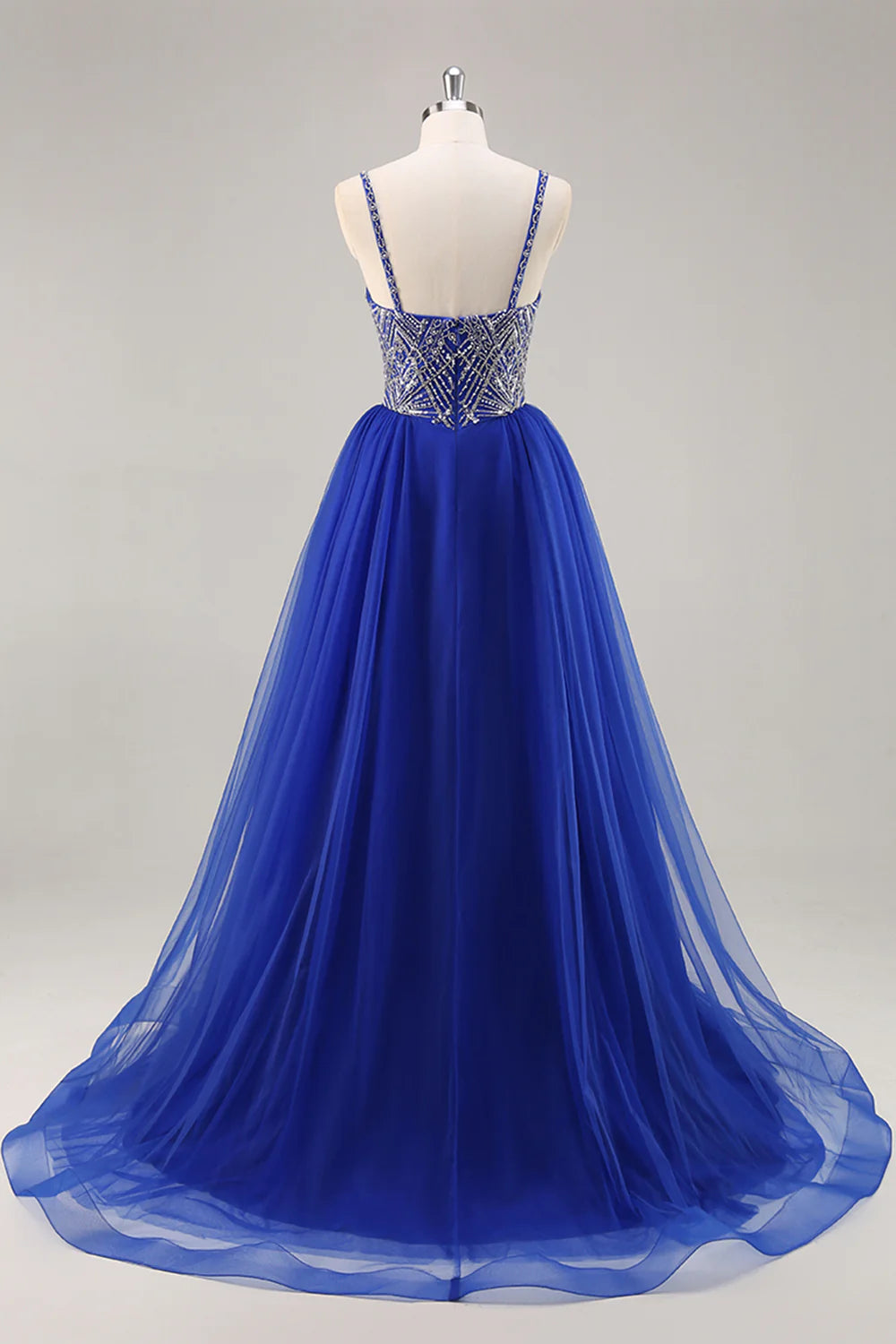 Sparkly Royal Blue A Line Spaghetti Straps Beaded Long Prom Dress