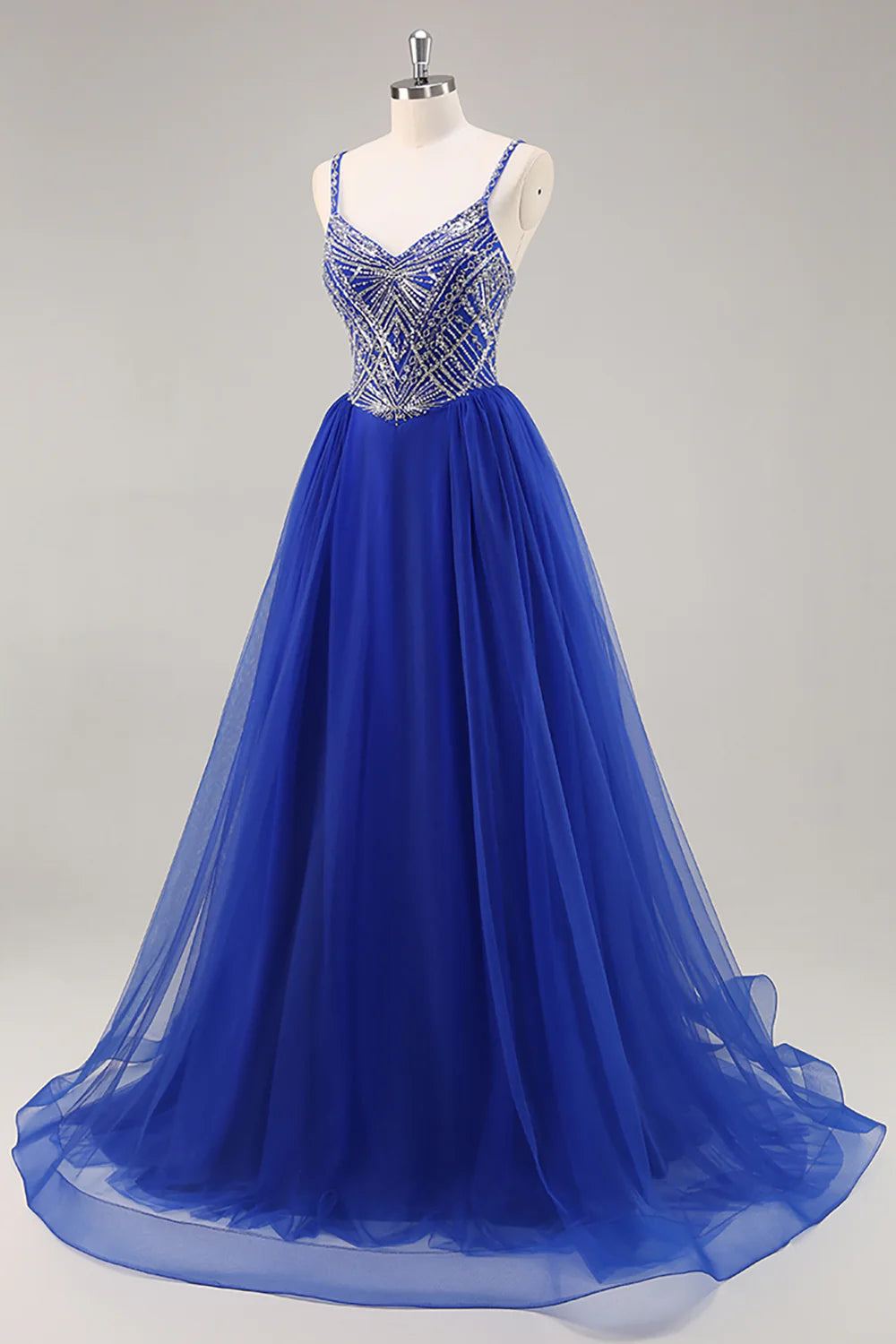 Sparkly Royal Blue A Line Spaghetti Straps Beaded Long Prom Dress