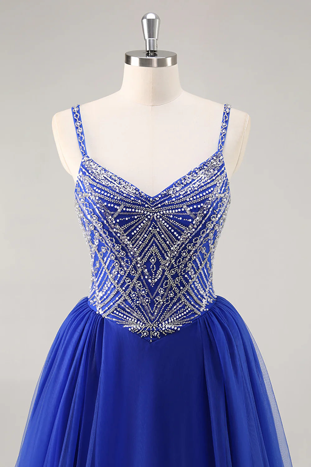 Sparkly Royal Blue A Line Spaghetti Straps Beaded Long Prom Dress