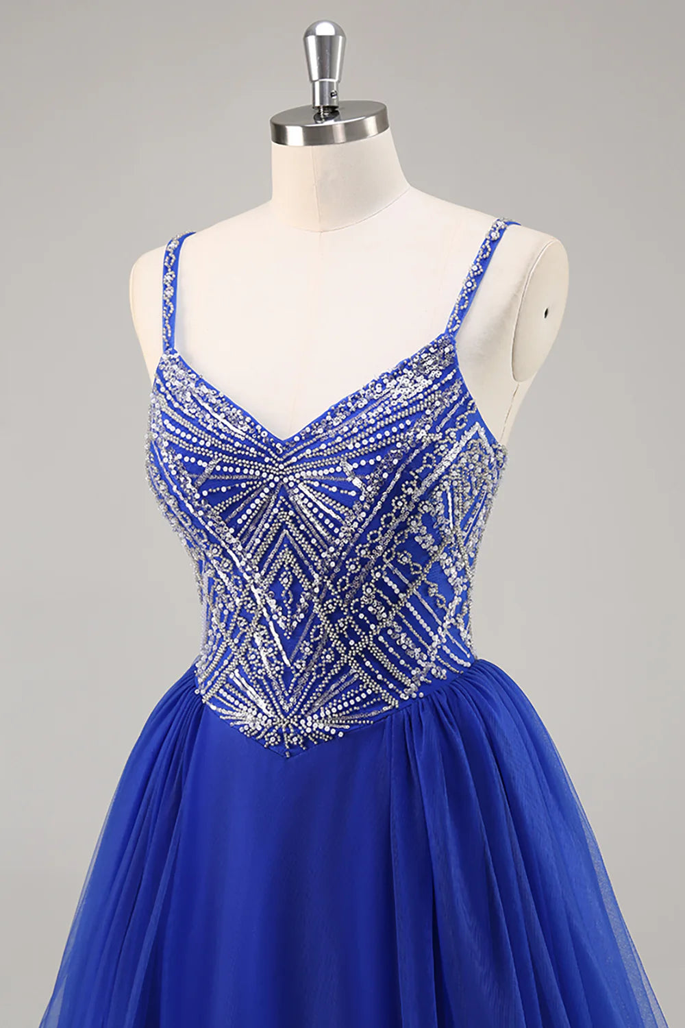 Sparkly Royal Blue A Line Spaghetti Straps Beaded Long Prom Dress