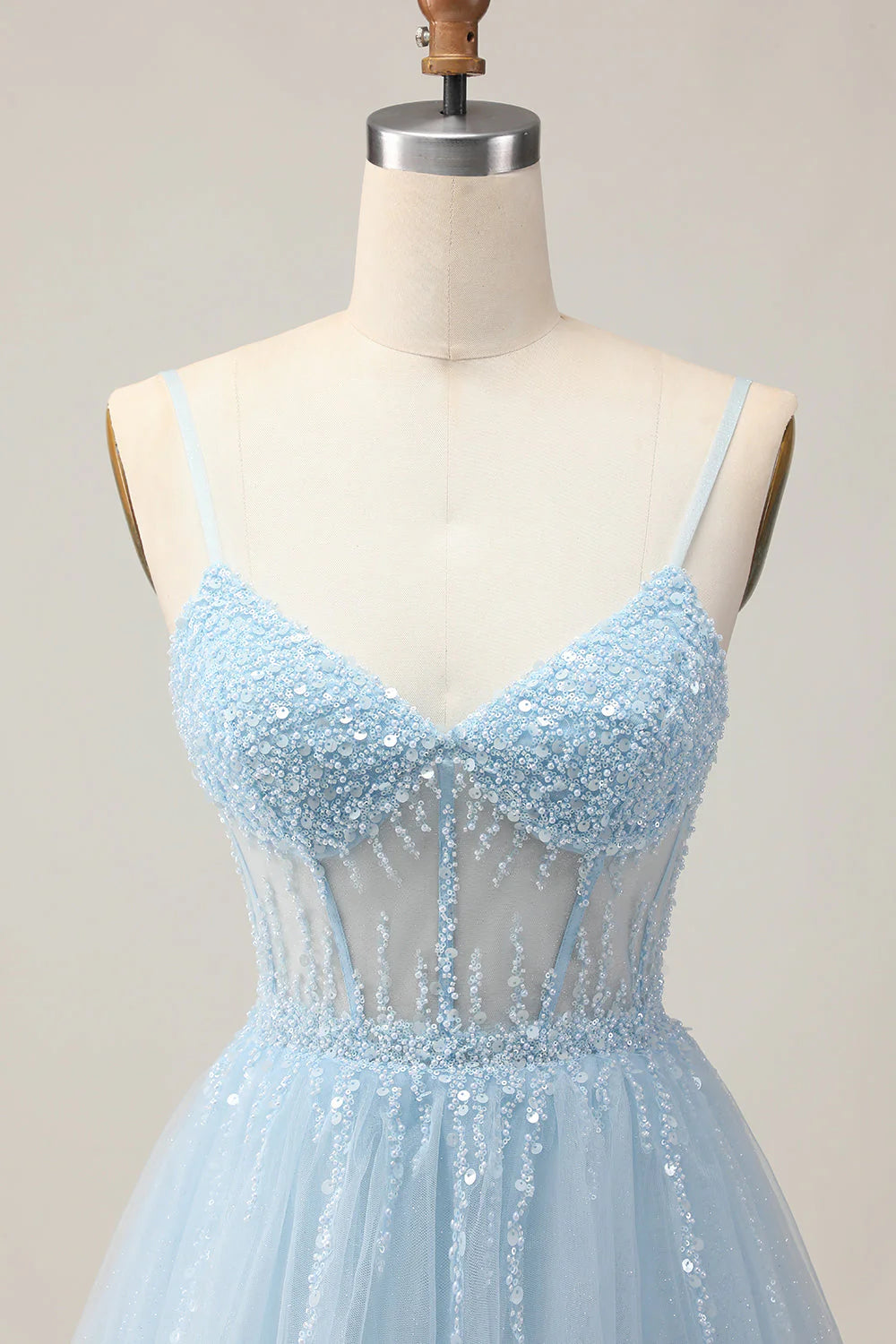 Light Blue A Line Sequins Beaded Short Homecoming Dress with Lace Up Back