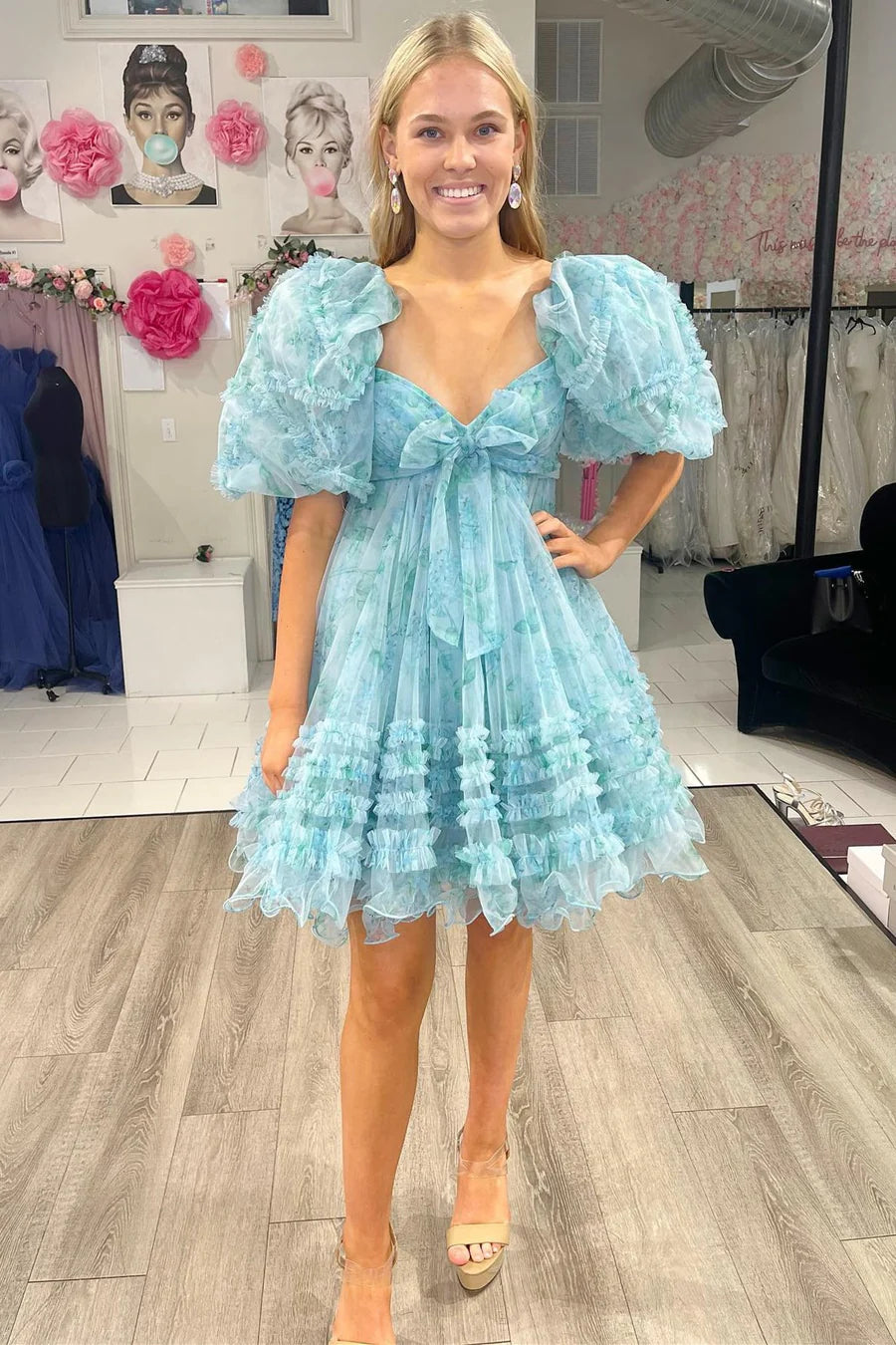 Aqua Chiffon Sweetheart Ruffles A-Line Unique Design Homecoming Dress