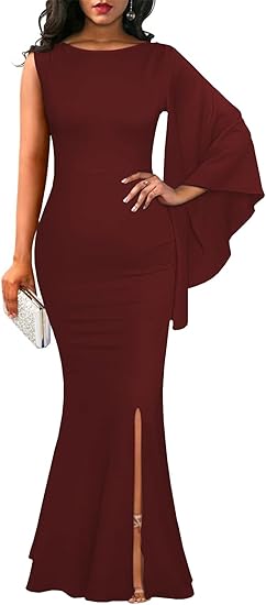 Elegant One Bell Sleeve Side Split Bodycon Long Formal Evening Dress