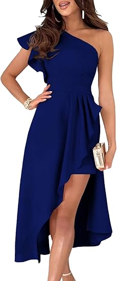 Womens One Shoulder Sleeveless Ruffle Prom Dresses