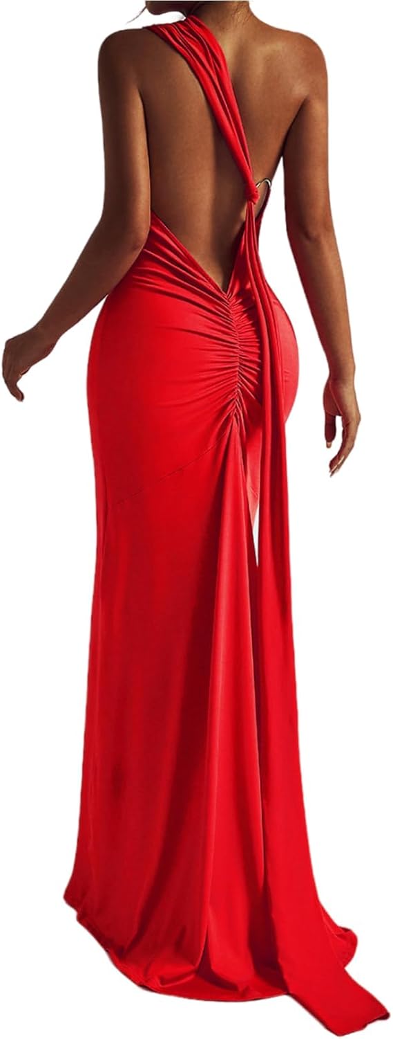 Sexy One Shoulder Backless Maxi Dress Elegant Ruched O Ring Sleeveless Evening Dress