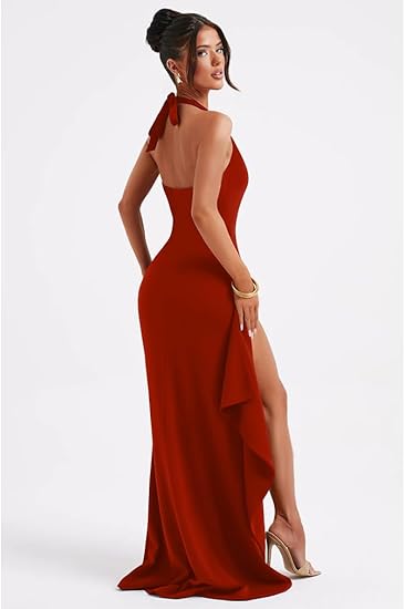 Women's Sexy Deep V Neck Halter High Split Evening Dresses