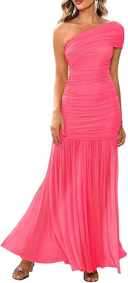 Women's Elegant Formal Long Dress One Shoulder Sleeveless Ruched Bodycon Evening Dress