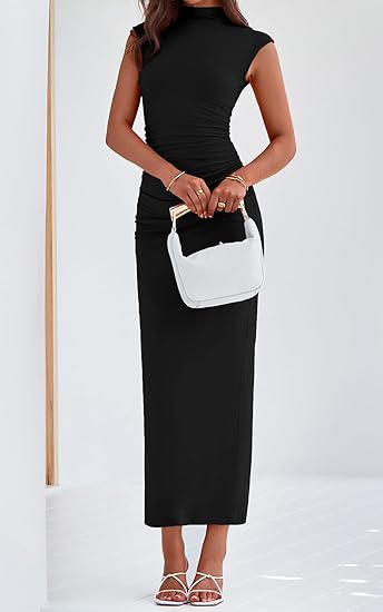 Women's Summer Maxi Dress Ruched Bodycon Sleeveless Evening Dresses