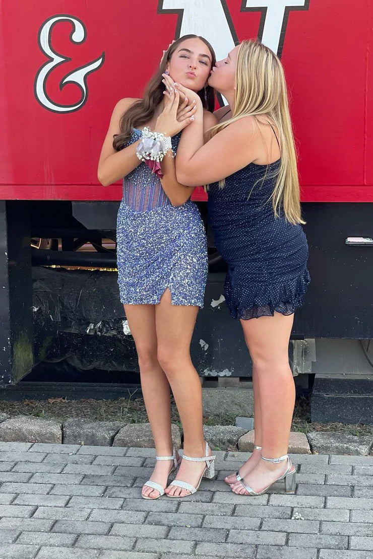 Cute Bodycon Scoop Neck Dark Blue Sequins Short Full Of Charm Homecoming Dress