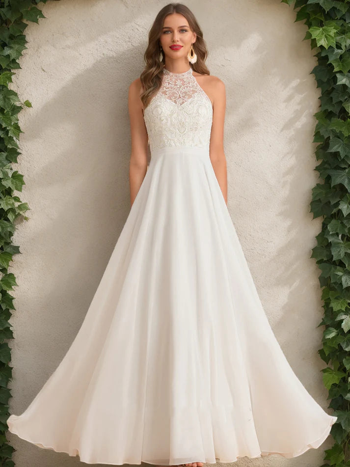 A-Line/Princess High Neck Sleeveless Sequins Retract Your Waist Wedding Dresses