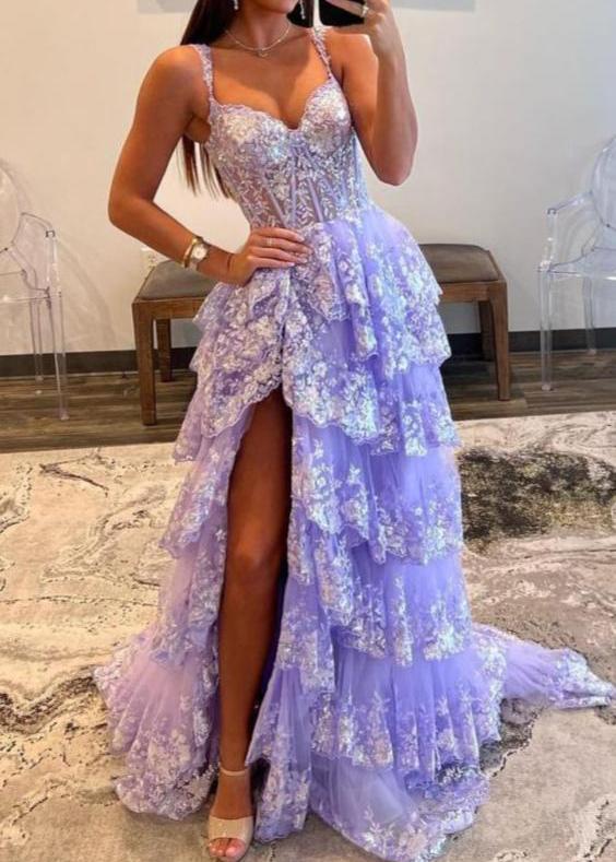 A-Line Lace Off-the-Shoulder Tiered Long Shiny and sparkling Prom Dress