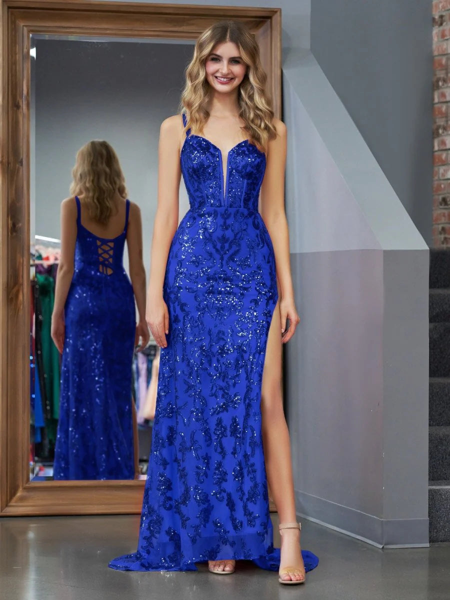Sparkly Blue Sheath Sequins Long Unique design Party Dress