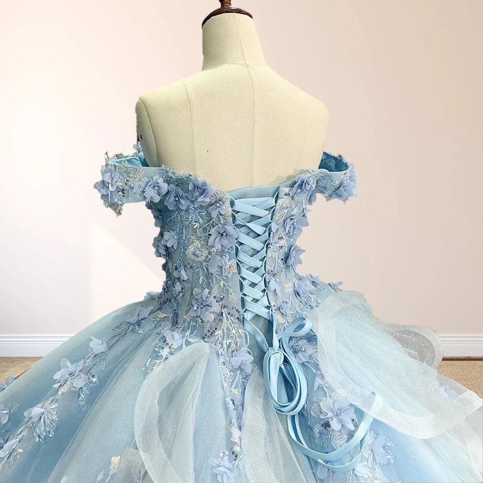 Sky Blue Lace Princess Appliqued Sky Blue Lace Princess Appliqued Wedding Dresses