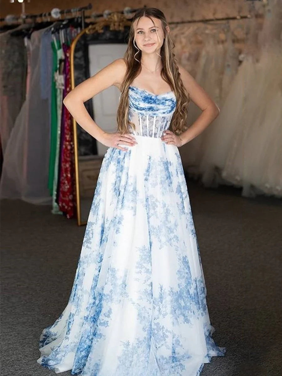 A-Line Strapless Blue Floral Print Long Retract Your Waist Party Dress