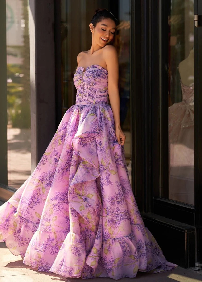 Lilac A-Line Corset Detachable Sweetheart Floral Long Party Dress