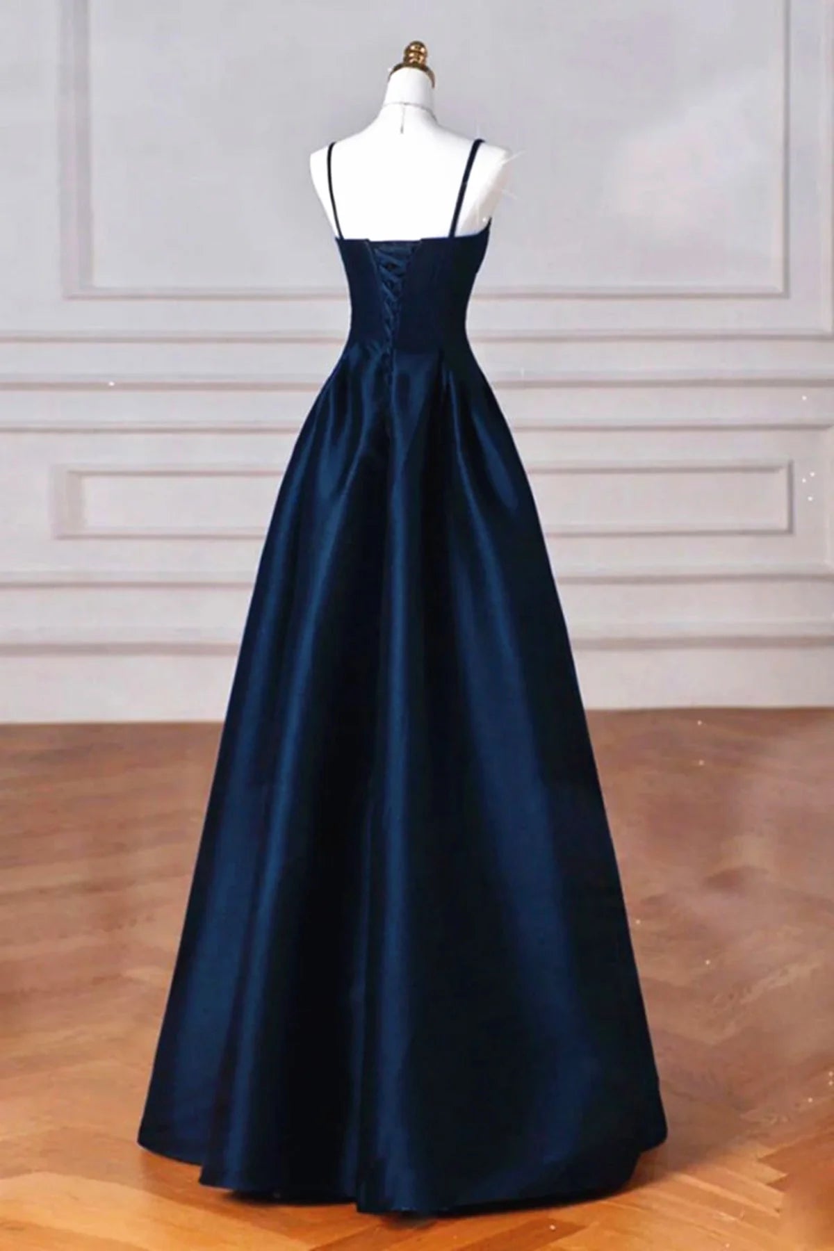 A-line Navy Blue Satin Straps Long Full Of Charm Prom Dress