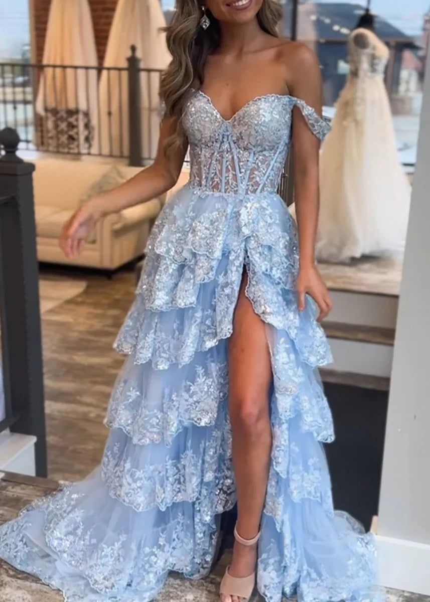 A-Line Lace Off-the-Shoulder Tiered Long Full of charm Prom Dress
