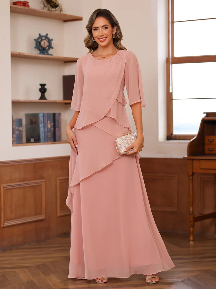 Princess Scoop Short Sleeves Tiered Chiffon Mother of the Bride Dresses