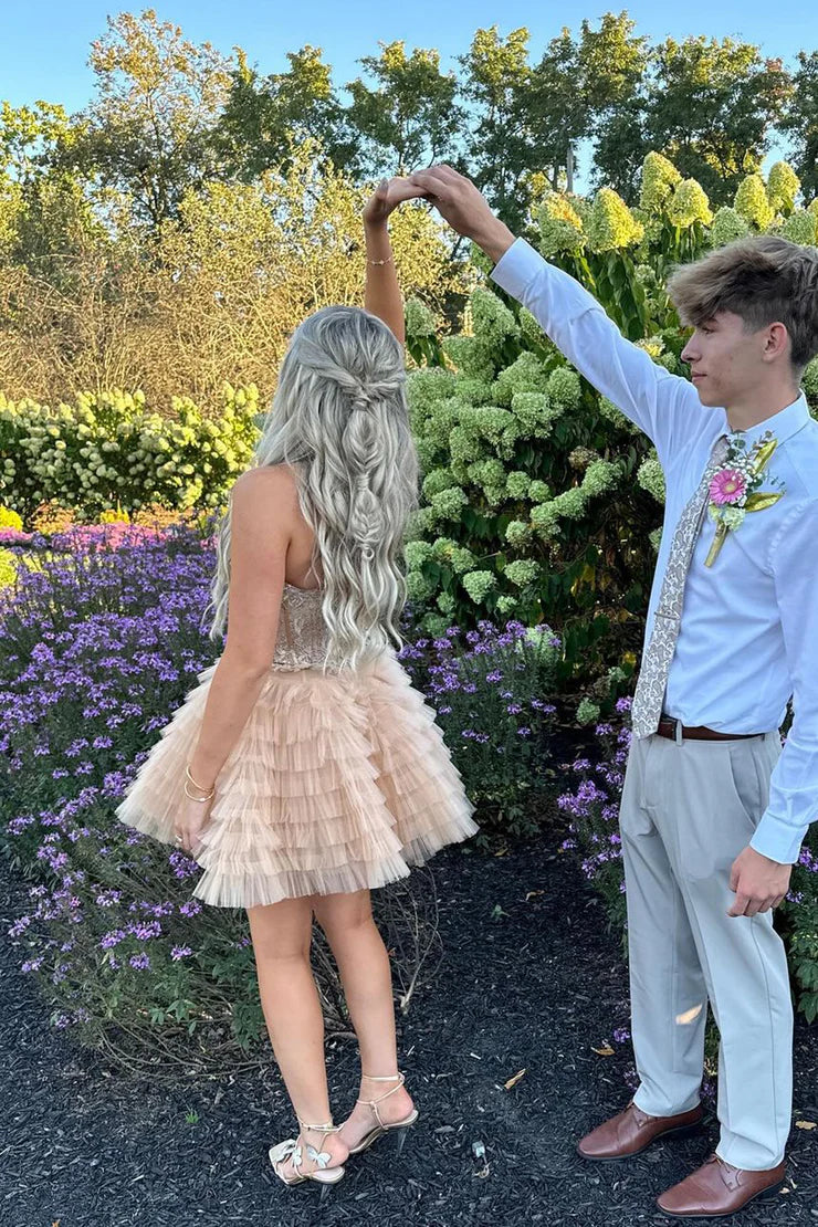 Cute A Line Halter Champagne Tulle Short Full Of Charm Homecoming Dress