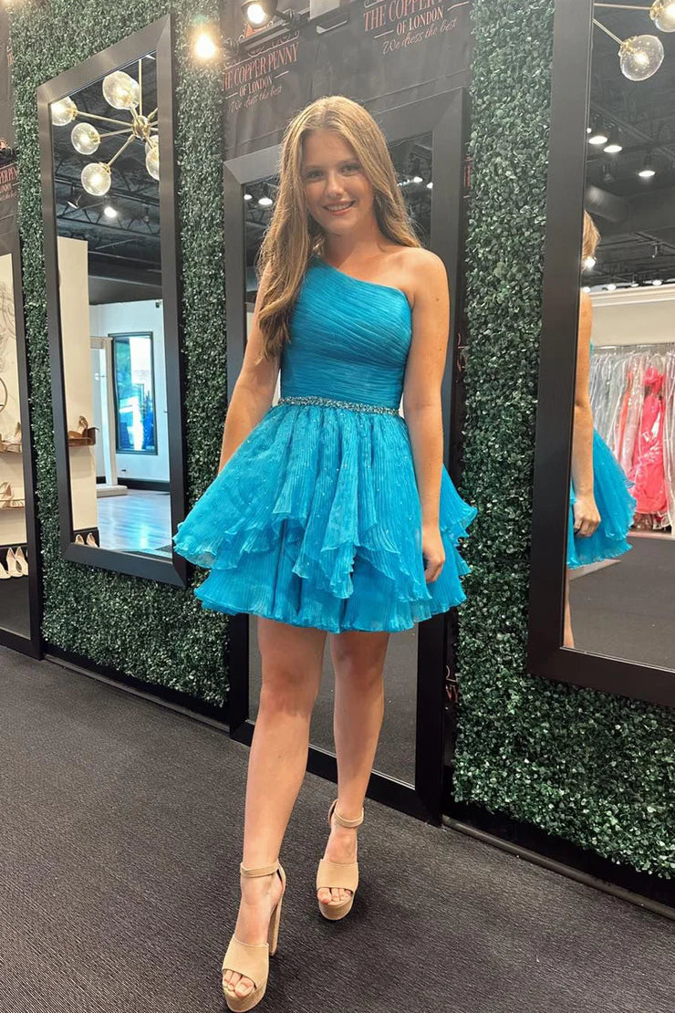 Cute A Line One Shoulder Blue Organza Full Of Charm Homecoming Dress