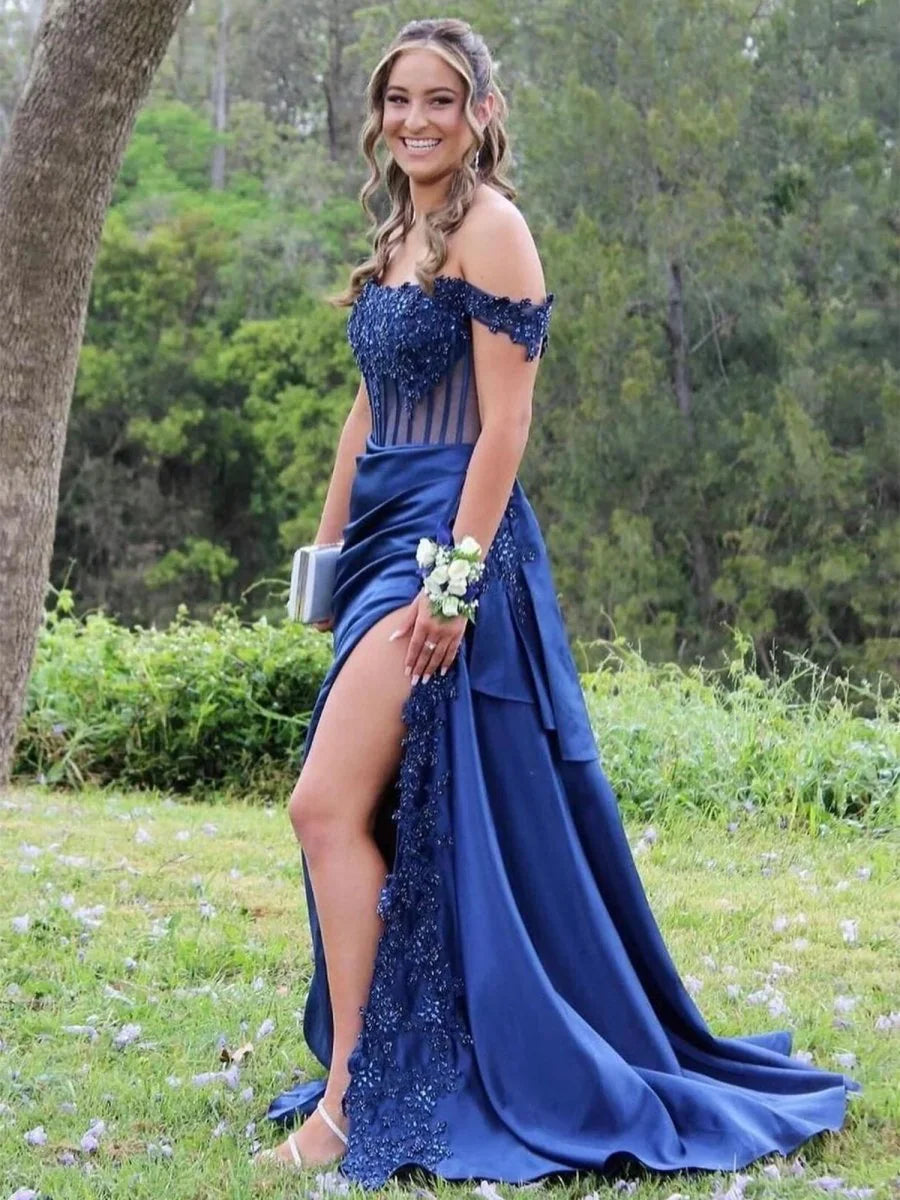 Off the Shoulder Satin Beaded Full of charm Prom Dress