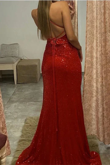 Sequined  Backless Mermaid Full Of Charm Prom Dress with Slit ﻿