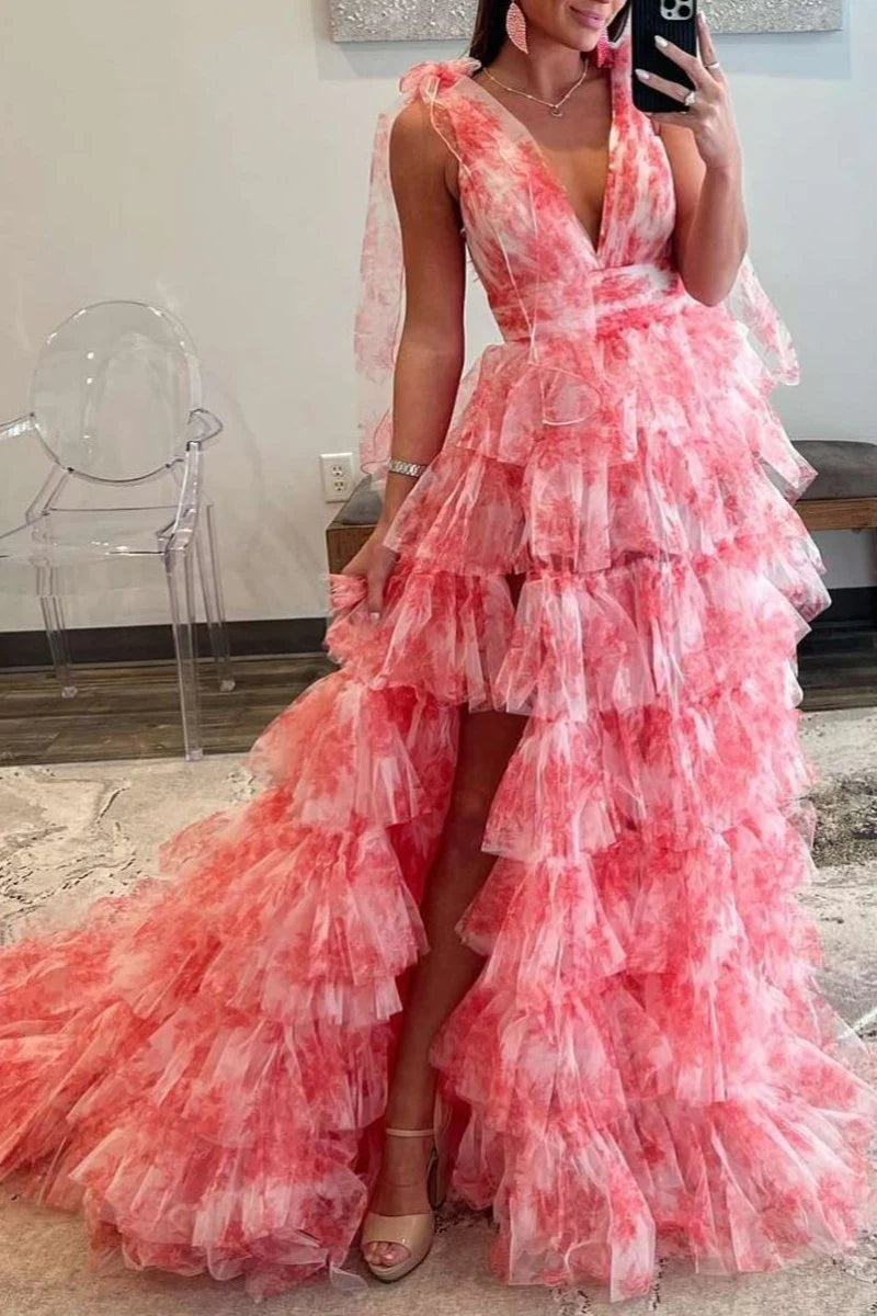 V-Neck Tie Straps Red Floral Print Layered Long Party Dress