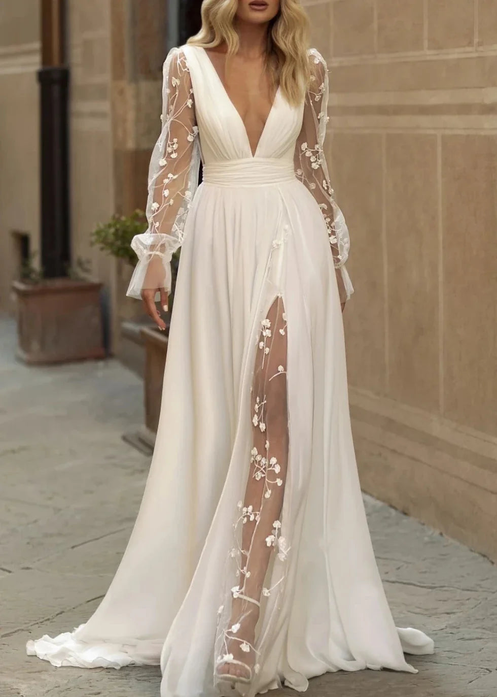 Long Sleeve Boho Flowy Wedding Dress Lace A-Line V-Neck Beach Gown with Split Front and Sweep Train