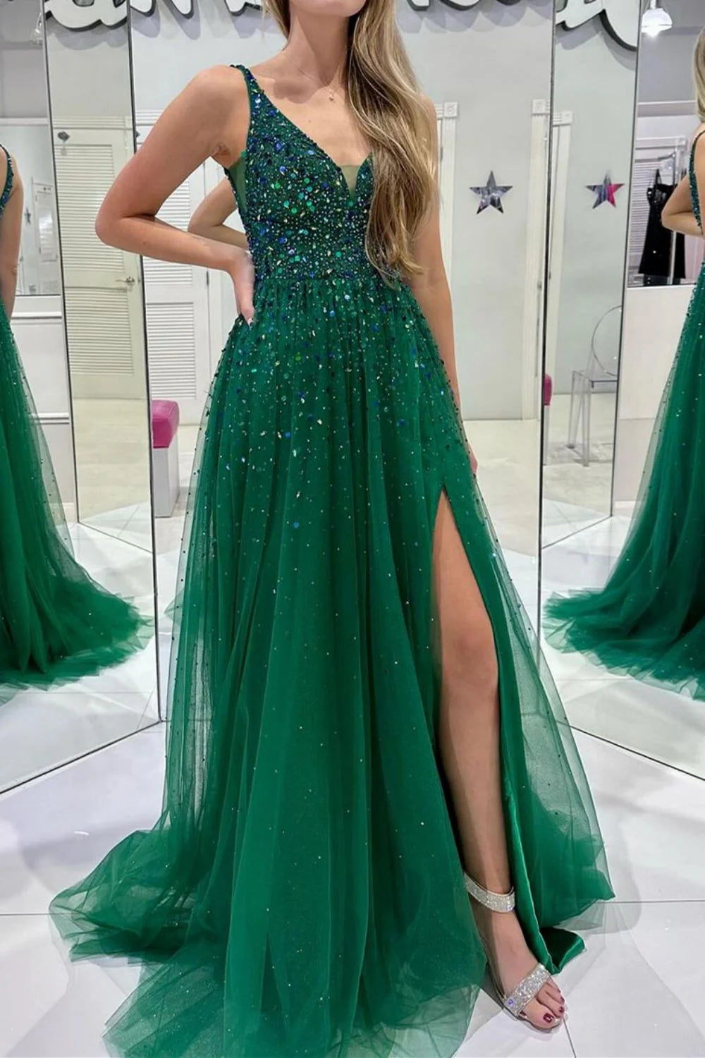 Bling A Line V Neck Dark Green Long Full Of Charm Prom Dress