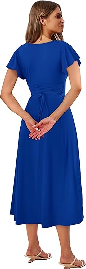 Elegant Classy Ruffle Sleeve Tie Back Scoop Neck Evening Dress
