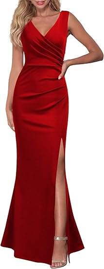 Women Sleeveless V Neck Split Evening Cocktail Long Evening Dress