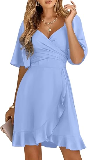 Women's Wrap V Neck Short Flared Sleeve Homecoming Dresses