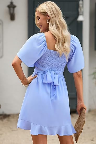 Women's Wrap V Neck Short Flared Sleeve Homecoming Dresses