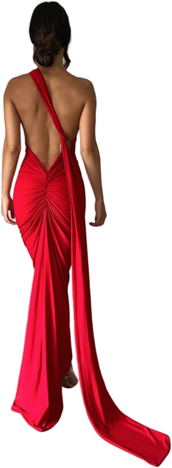 Sexy One Shoulder Backless Maxi Dress Elegant Ruched O Ring Sleeveless Evening Dress