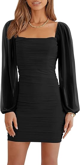 Women's Mesh Long Sleeve Square Neck Ruched Homecoming Dresses