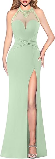 Womens Formal Illusion Halter Keyhole Back Prom High Slit Maxi Dress