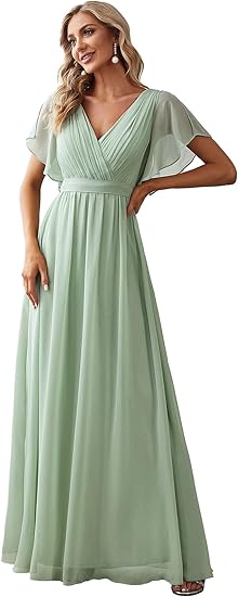 Women's Bridesmaid Dress V-Neck Ruffle Sleeves Ruched Bust Floor Length Chiffon Formal Dresses