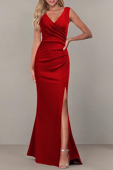 Women Sleeveless V Neck Split Evening Cocktail Long Evening Dress