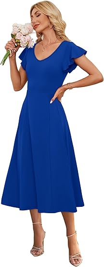 Elegant Classy Ruffle Sleeve Tie Back Scoop Neck Evening Dress