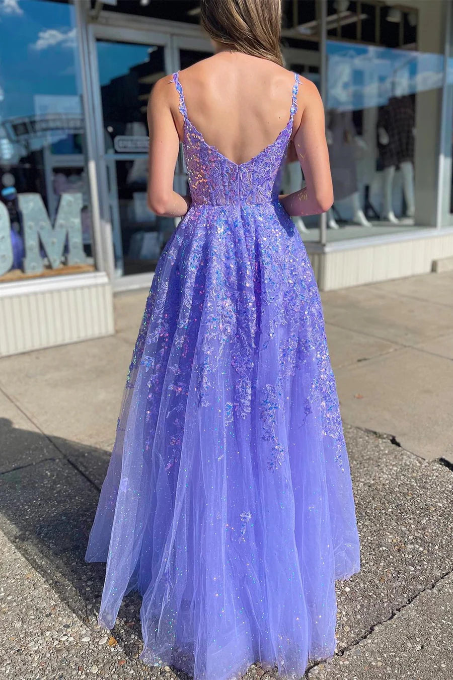 Lavender Tulle Sequin Scoop Neck A-Line Long Prom Dress