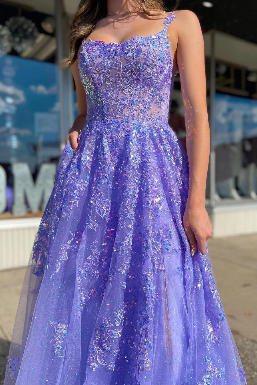 Lavender Tulle Sequin Scoop Neck A-Line Long Appropriate Color Matching Prom Dresses