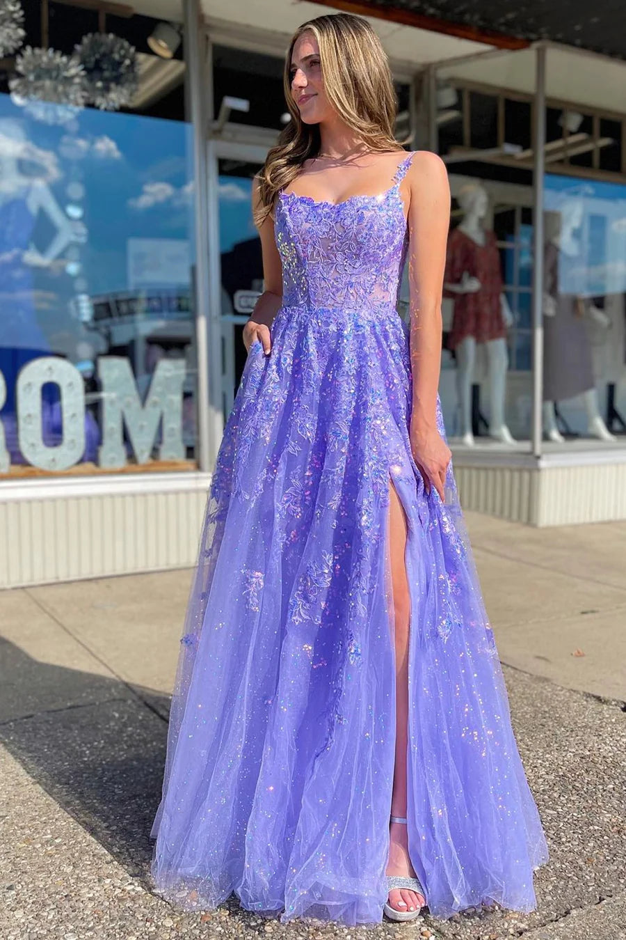 Lavender Tulle Sequin Scoop Neck A-Line Long Prom Dress