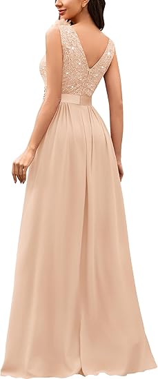 Women's Vintage V-Neck Sleeveless Sequined Split Formal Evening Maxi Dress