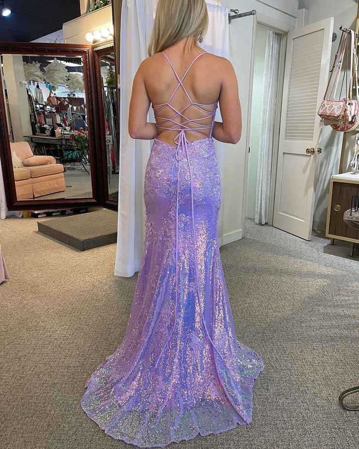 Cute Mermaid V Neck Lavender Sequins Unique Design Prom Dresses