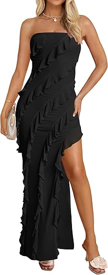 Sexy Off Shoulder Mesh Tassel Ruffle Side Split Tube Party Dresses
