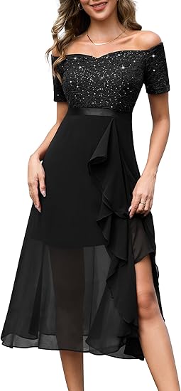 Women Sequin Formal Party Dress Off Shoulder Wedding Cocktail Midi Evening Dress