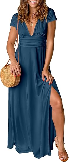 Women Summer Deep V Neck Short Sleeve Dresses Evening Dresses