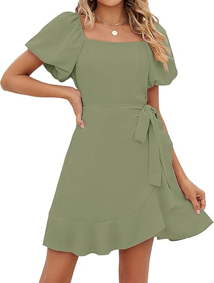Womens Summer Dresses Square Neck Puff Sleeve Tie Waist Homecoming Dresses